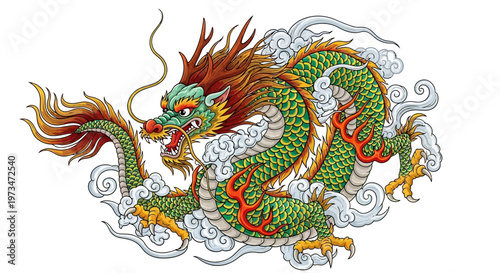 Vibrant Green and Gold Chinese Dragon Illustration with Clouds.