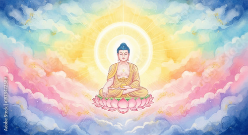 Buddha sitting in lotus position surrounded by ethereal radiant clouds