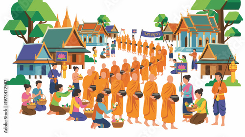 Visakha Bucha Festival Monks Procession in Village Art
