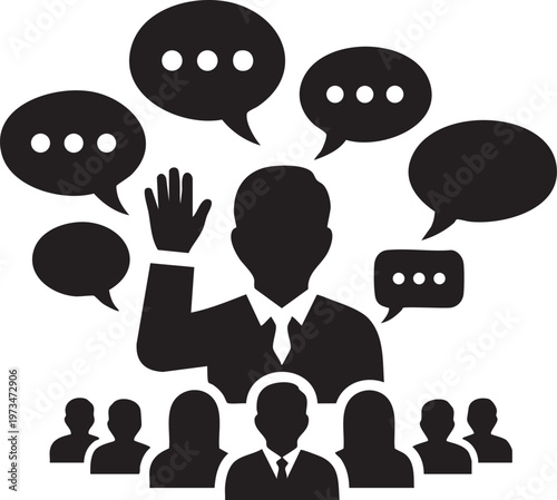 A visual representation of a speaker engaging with an attentive audience through dialogue and communication