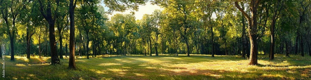 Obraz premium Sunlit forest clearing with tall trees and dappled sunlight over a grassy meadow, peaceful and inviting under a green leafy canopy