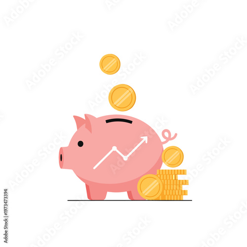 A pink piggy bank with coins and a growing graph.