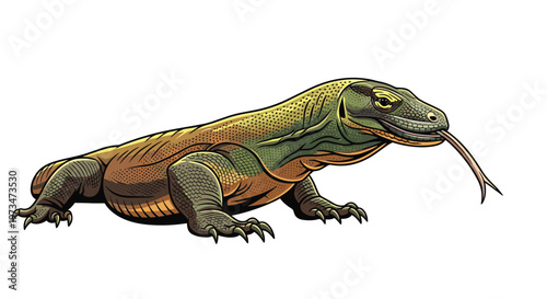 Formidable Komodo dragon, the world's largest lizard, with its long, forked tongue extended, showcasing its powerful build and predatory nature.