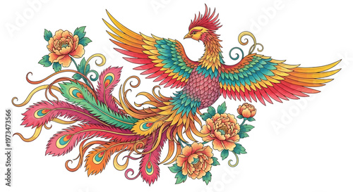 Vibrant Phoenix Bird with Colorful Feathers and Floral Accents.