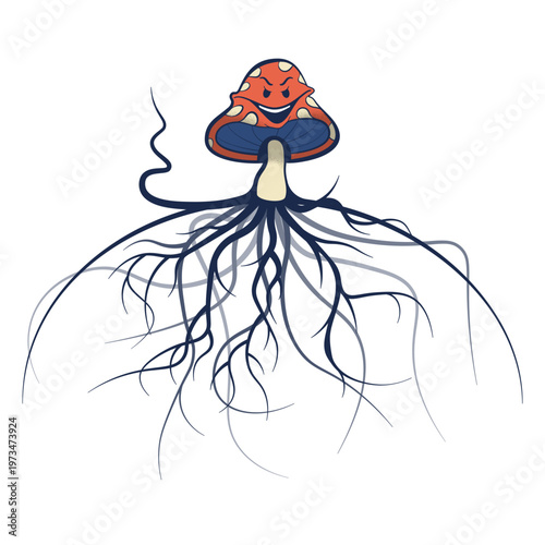 Retro Cartoon Mushroom Character with Mycelium Roots — Groovy Mascot Vector Illustration