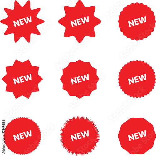 A collection of nine red maple leaf badges labeled 'new' in white text