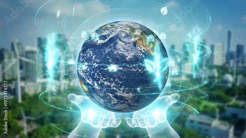 Hands holding Earth with green plants over city buildings in a bright environment