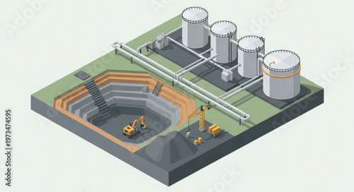 Open pit mine heavy machinery excavation site with tanks.