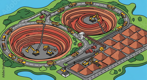 Open pit mining operation with large circular excavations.