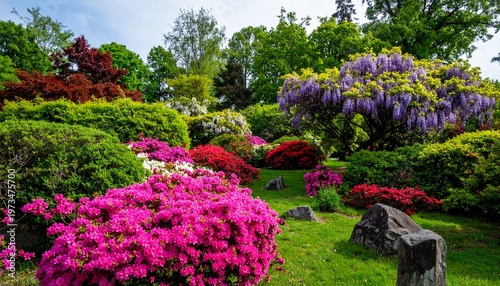 五月の日本庭園でツツジと藤が満開に咲き誇る鮮やかな春の花景色