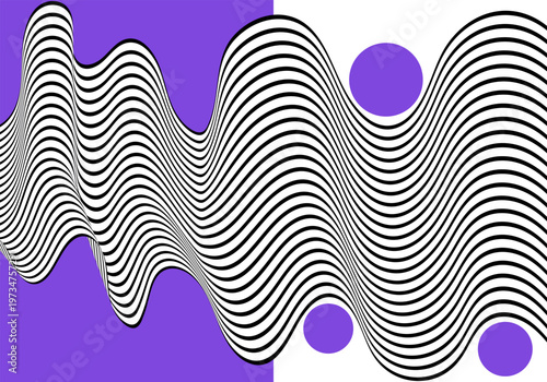 Abstract horizontal illustration with black and white wavy stripes and purple circles on 