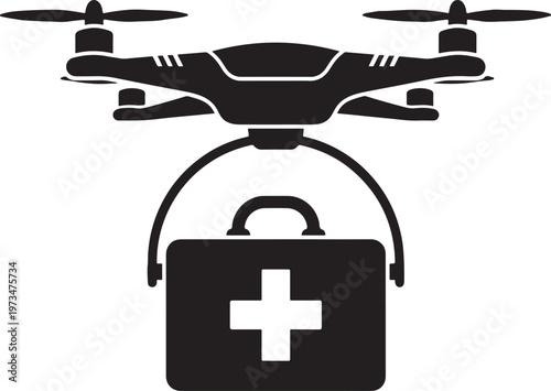 Medical Delivery Drone with First Aid Kit – Minimalist Black Silhouette Vector Illustration