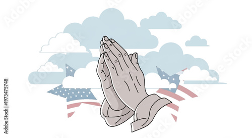 Praying hands, American flag, clouds, patriotic vector icon