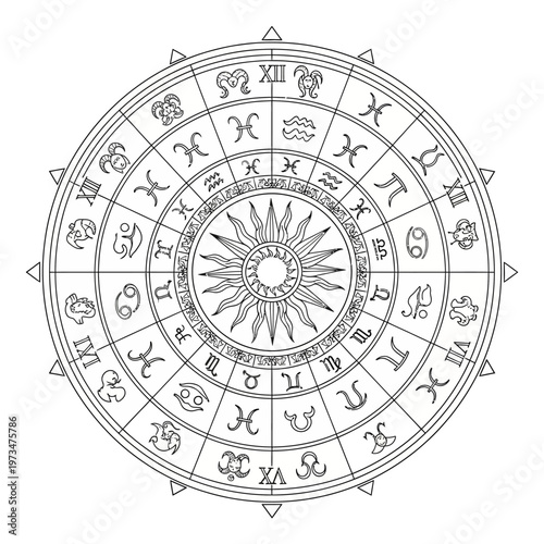 Intricate Astrological Zodiac Wheel with Sun and Roman Numerals.