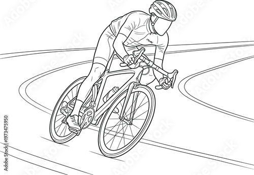 Cyclist riding bicycle on track cyclist in motion
Line drawing of cyclist riding on a track bicycle