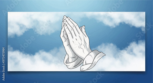 Praying hands, clasped hands, prayer, spirituality, faith, cloudy sky, blue background
