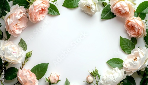 ピンクと白のバラが周囲を飾るフラワーフレームのコピースペース素材