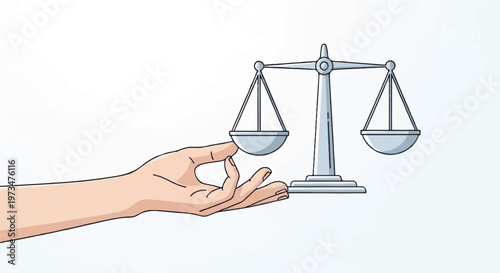 Justice, law, balance scale, hand holding equilibrium, fairness concept, vector illustration
