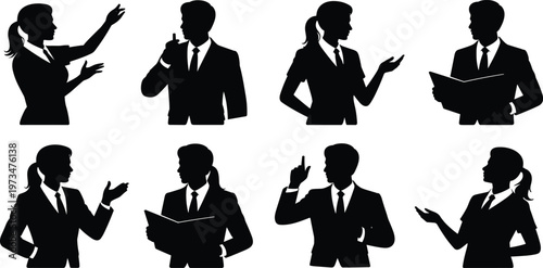 Eight black silhouette business professionals gesturing with hands raised and crossed suits ties des