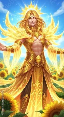 Radiant Sun God in Golden Attire Amidst Sunflower Field.