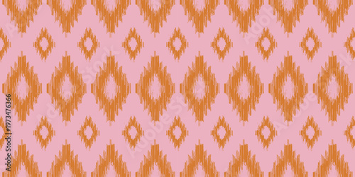 Seamless ikat abstract pattern orange pink tones ethnic geometric ornament repeat textile background tribal fabric design hand drawn texture boho decorative wallpaper modern surface