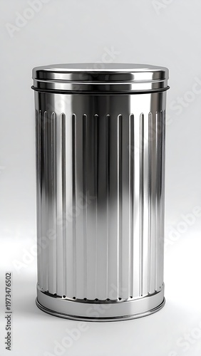 A realistic, close-up, studio shot of a shiny, cylindrical metallic container with ridged sides and a rounded lid