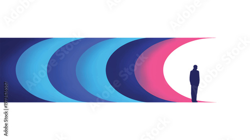 Silhouette of a person standing against a gradient sunrise sky with concentric circles