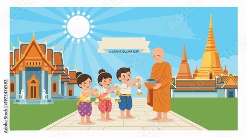 Visakha Bucha Day Celebration with Children Offering Flowers to Monk