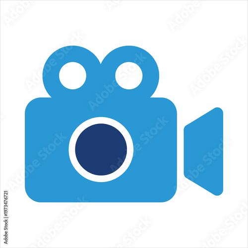Retro video camera icon with a lens and handle represents filmmaking and recording.