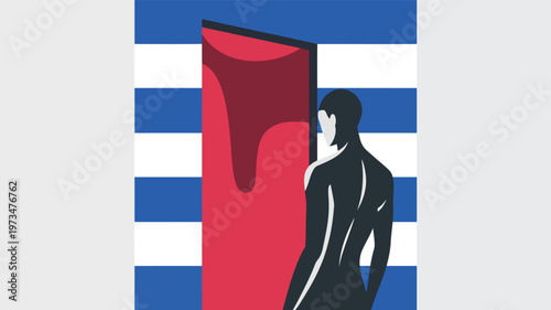 Silhouette of a person in a red dress against a blue and white striped background, man with blue stripes