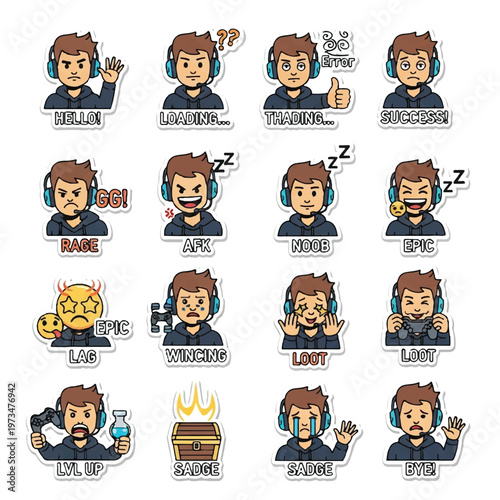 Cartoon gamer stickers emotions expressions.