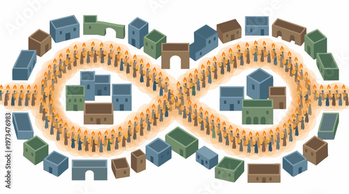 Visakha Bucha Day Candle Procession in City Flat Vector