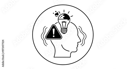 Warning sign inside head with lightbulb, symbolizing mental health crisis, stress, or idea overload.