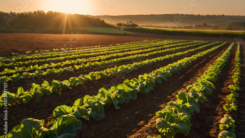 A wide vegetable farm glowing in sunset light long shadows warm tones peaceful countryside scene