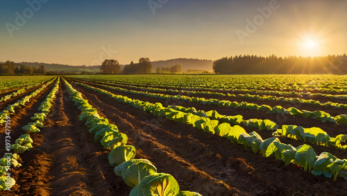 A wide vegetable farm glowing in sunset light long shadows warm tones peaceful countryside scene