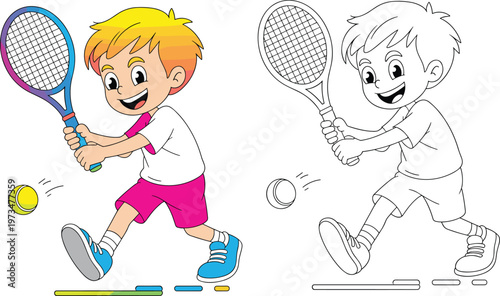 Cute cartoon boy playing tennis with racket and ball, coloring page and colored illustration set, kids sports activity vector