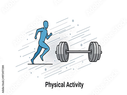 Illustration of a person running beside a weightlifting barbell, representing physical activity and fitness