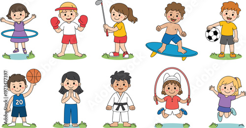 Cute cartoon kids playing various sports and activities set, children characters with equipment, colorful vector illustration isolated on white background