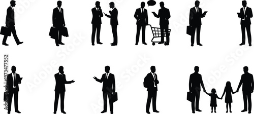 Business people silhouette illustration, professional figures, walking pose, conversation icon, shopping cart, family interaction, children, teamwork, communication, vector artwork, black silhouette, 
