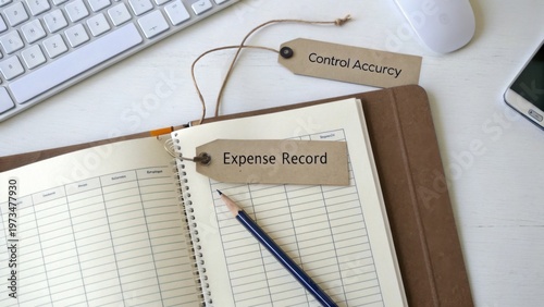 Expense Record Notebook with Tags for Control Accuracy and Financial Management on White Desk