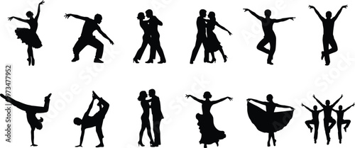 Dance silhouettes vector set, ballet contemporary icons, acrobatic poses, partner dancers, expressive movement pictograms, artistic performance illustration design