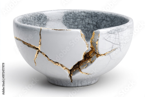 A ceramic bowl restored with the gold kintsugi technique.