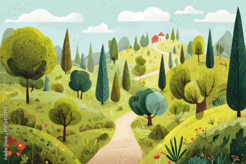 An idyllic rural landscape with a road and a house.