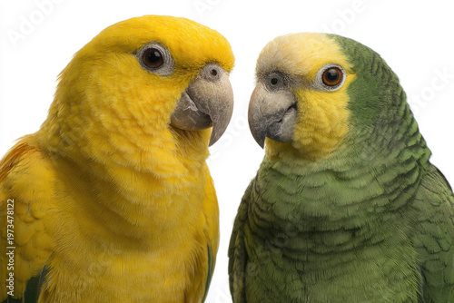 Two parrots are looking at each other close-up.