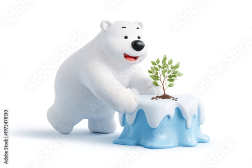 A polar bear plants a seedling on melting ice.