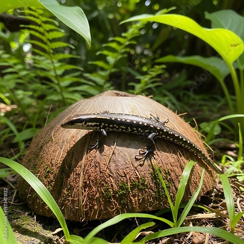 Lizard on Coconut Shell in Lush Greenery.