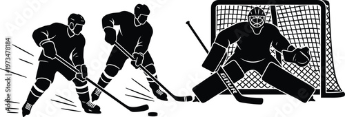 Ice hockey silhouettes, goalie defense vector, skaters with sticks, puck action icons, sports illustration design set for athletic competition