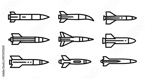 Set of Nine Simple Rocket Line Icon Illustrations.