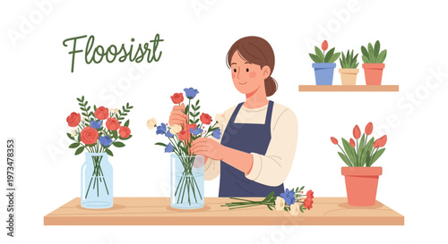 Woman arranging flowers in vase.