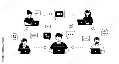 Remote team collaboration network of coworkers with laptops.